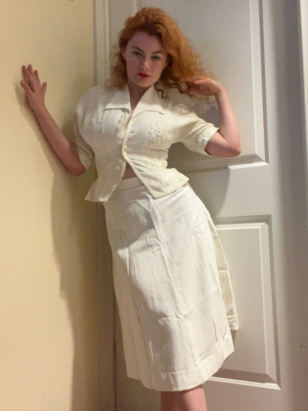 Late 1940’s/ Early 50’s White Cinch Jacket with Floral Embroidery & Skirt (2pcs)